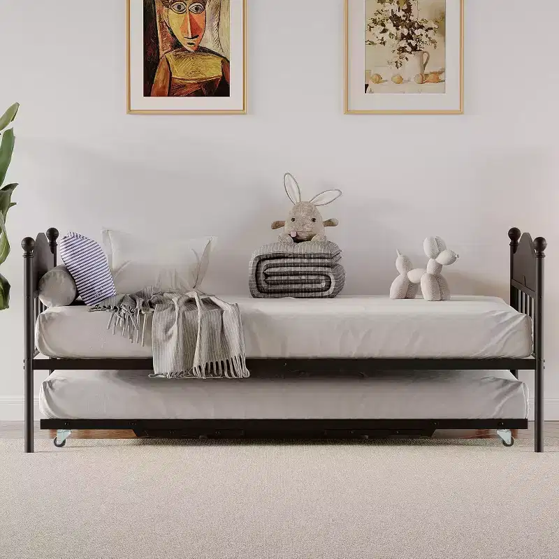 Daybed with Trundle, Twin Size Metal Day Bed, Stylish Headboard, Height-Adjustable Trundle, for Living Room/Bedroom/Guest Room, Black