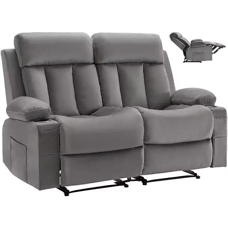 VEVOR Loveseat Recliner Sofa, Power Reclining Couch with Heating and Massage, Soft Velvet Electric Recliner Sofa with USB Ports, Cup Holders , Grey