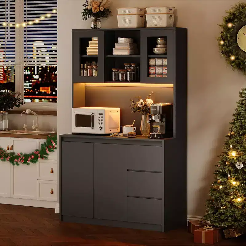 Kitchen Pantry Cabinet with LED Lights and Charging Station, Tall Storage Cabinet with Countertop, Pantry with Drawer and Glass Doors