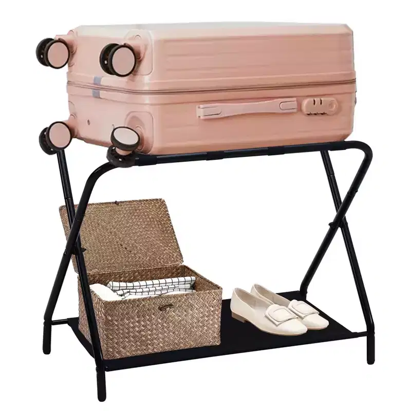 Folding Luggage Rack, Stylish Suitcase Stand With Storage Shelf, Black