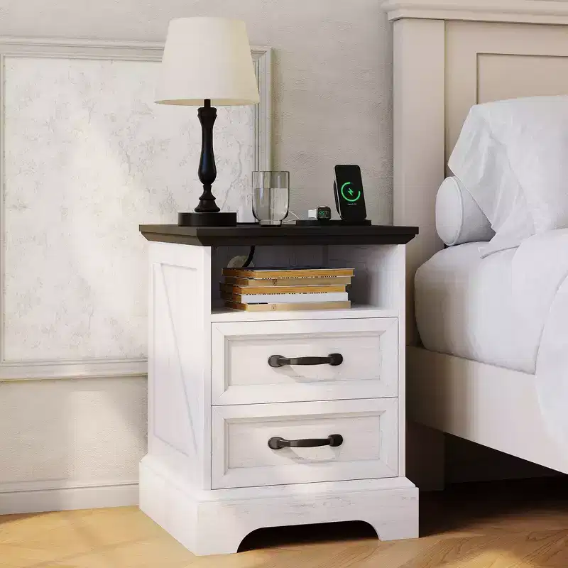 Modern Farmhouse Bedside Tables - 18 Wide with Charging Station (USB/Outlets) & 2 Drawers, Rustic White+Black