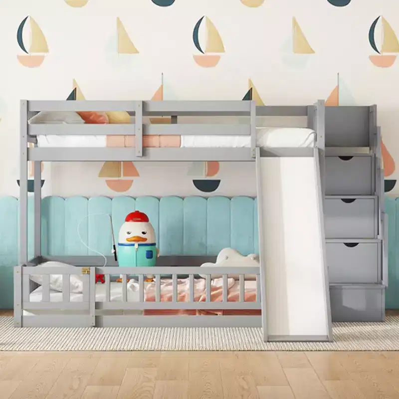 Whisen Twin Over Full Bunk Bed with Slide & Storage Stairs