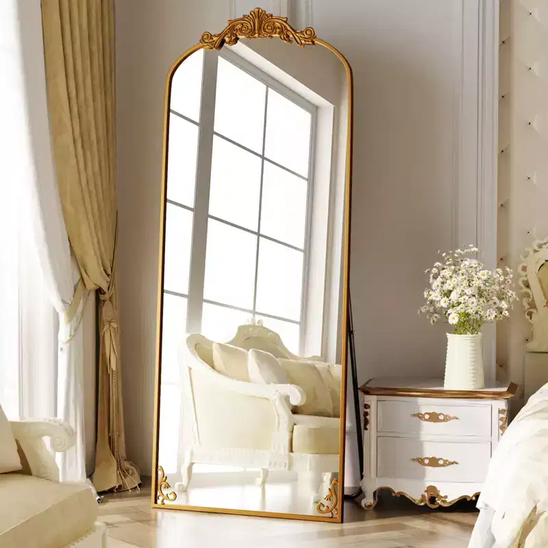 Arched Baroque Full-Length Floor Mirror, Vintage Style Aluminum Frame
