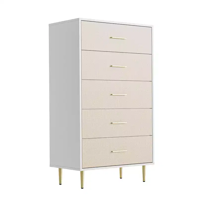 Tall Narrow Wooden White 5 Drawer Dresser with Gold Metal Handles and Legs for Bedroom, Living Room, Entryway