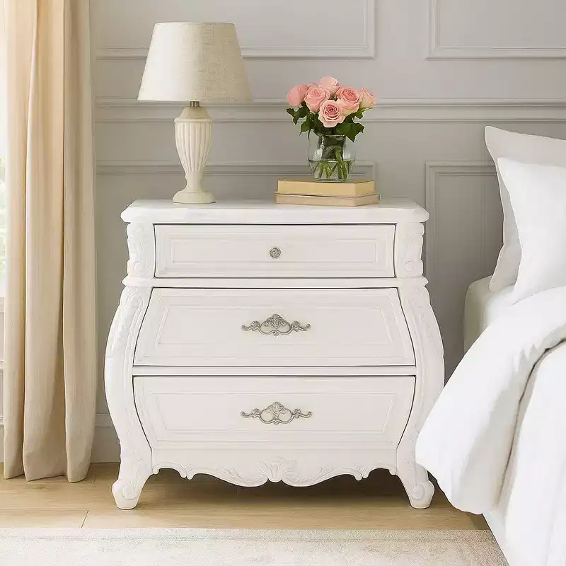 Nightstand with 3 Drawers, White Solid Wood, Metal Handles, 31 Inch
