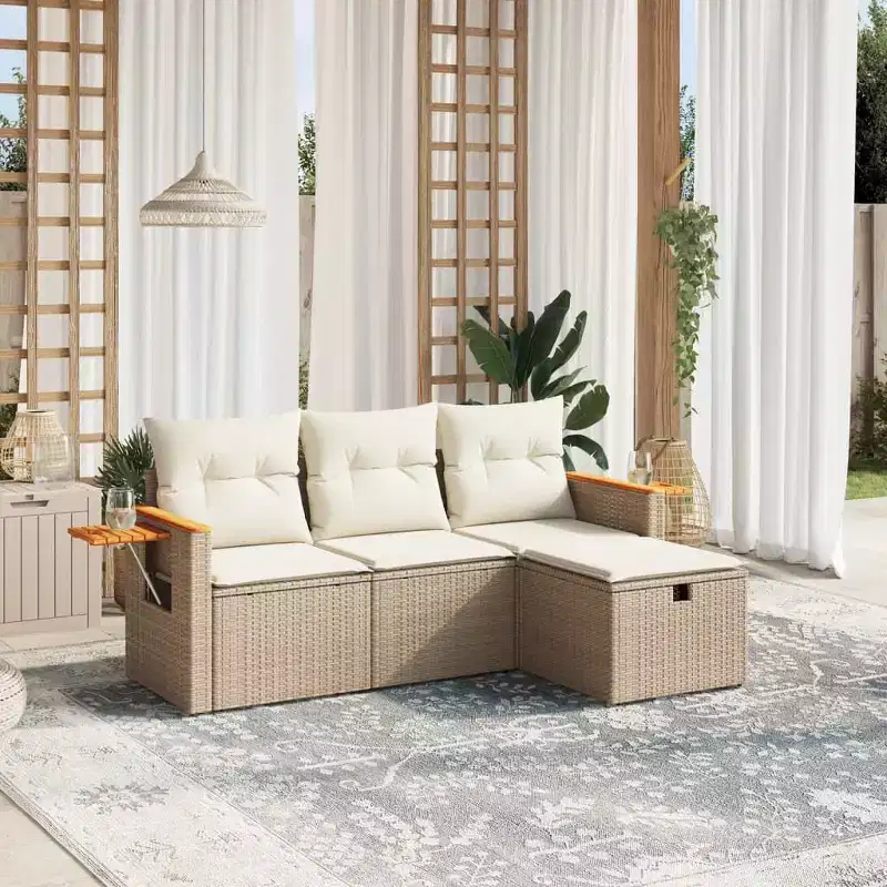 vidaXL 4 Piece Patio Sofa Set with Cushions Beige Poly Rattan
