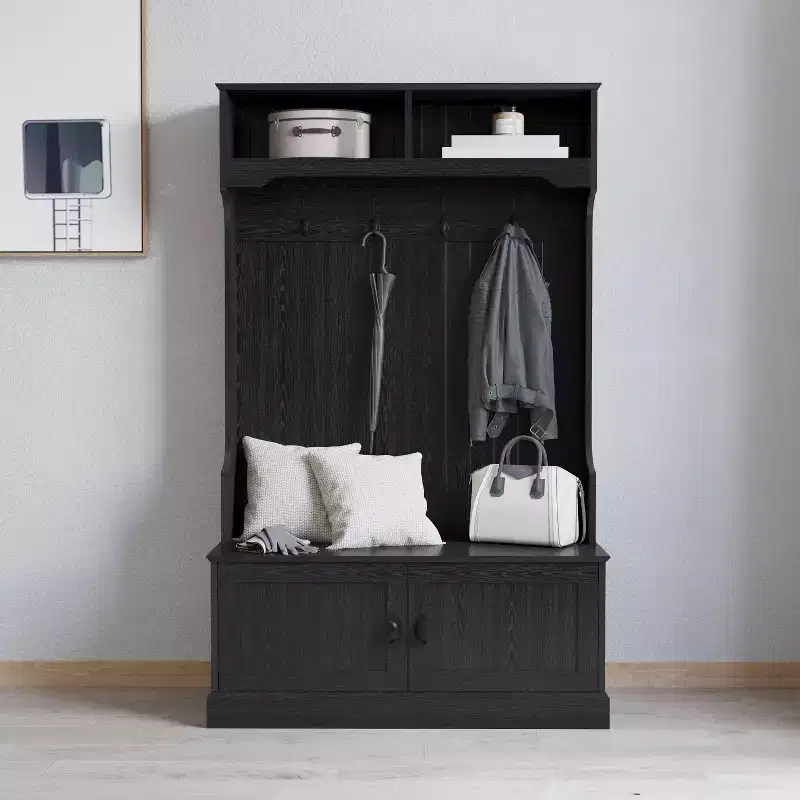 Merrick Lane Hallway Tree with Bench Seating, 4 Double Coat Hooks, Upper Storage and Double Door Under Bench Storage