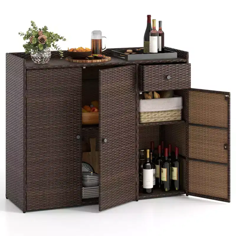 Costway Outdoor PE Wicker Storage Cabinet with 3 Doors Adjustable Shelves and Drawer