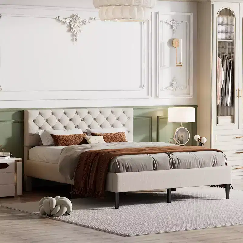 Twin Bed Frame, Upholstered Platform Bed with Button Tufted Headboard, Fabric Bed Frame with Wooden Slats Support, No Box Spring Required, Beige