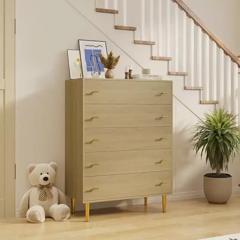 COZONY 44 Farmhouse Dresser with 5 Drawers, Natural Wood Rustic Chest & Bar Handles for Bedroom & Living Room