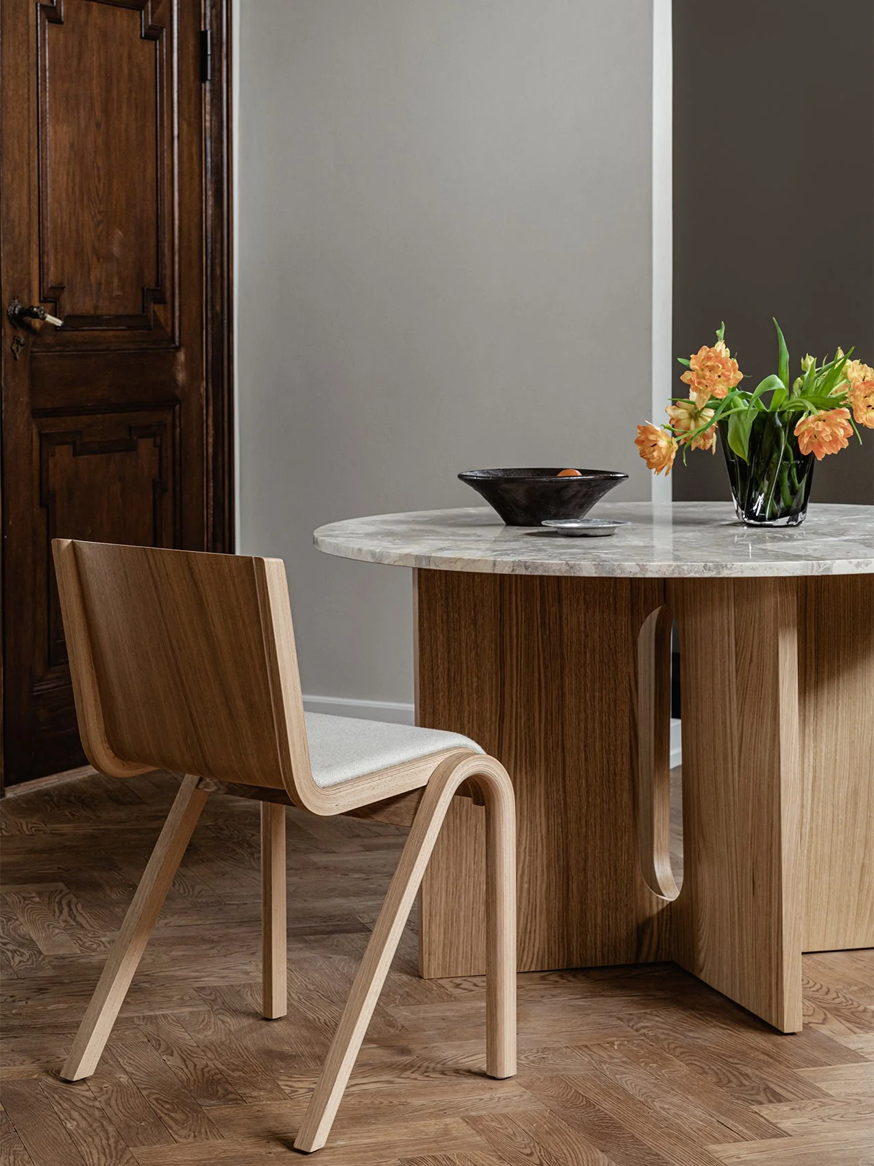 Scandinavian Oak Veneer Dining Chair Seat Upholstered with Cantilevered Stackable Design for Dining Room