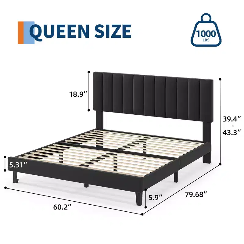 Queen Size Bed Frame with Adjustable Vertical Channel Tufted Headboard, No Box Spring Needed, Easy Assembly