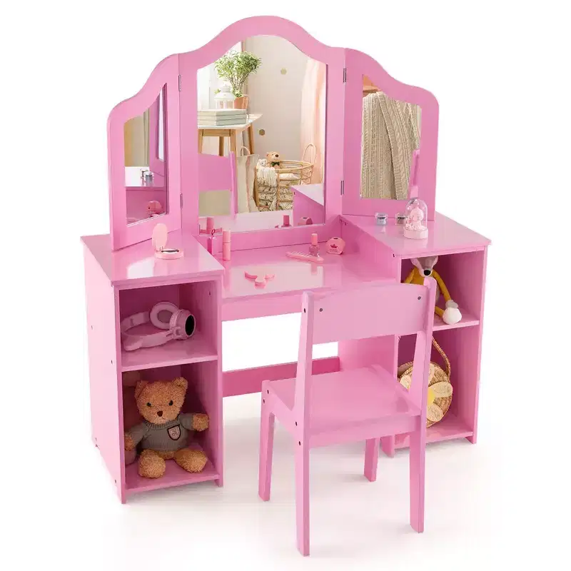 Costway Kids Vanity 2 in 1 Princess Makeup Desk & Chair Set Safe Tri-fold Mirror