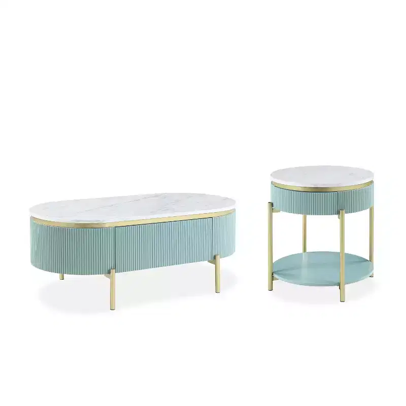 2pc Cartehena Faux Marble Coffee and End Table Set Light Teal Blue - HOMES: Inside + Out: Gold Twist, Concealed Drawer, Oval Shape