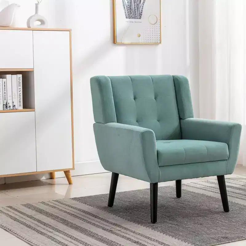 Etokfoks Velvet Upholstered Accent Chair 29.5in W x 29.5in D x 34.6in H Curved Back Black Wood Legs Modern Living Room Bedroom