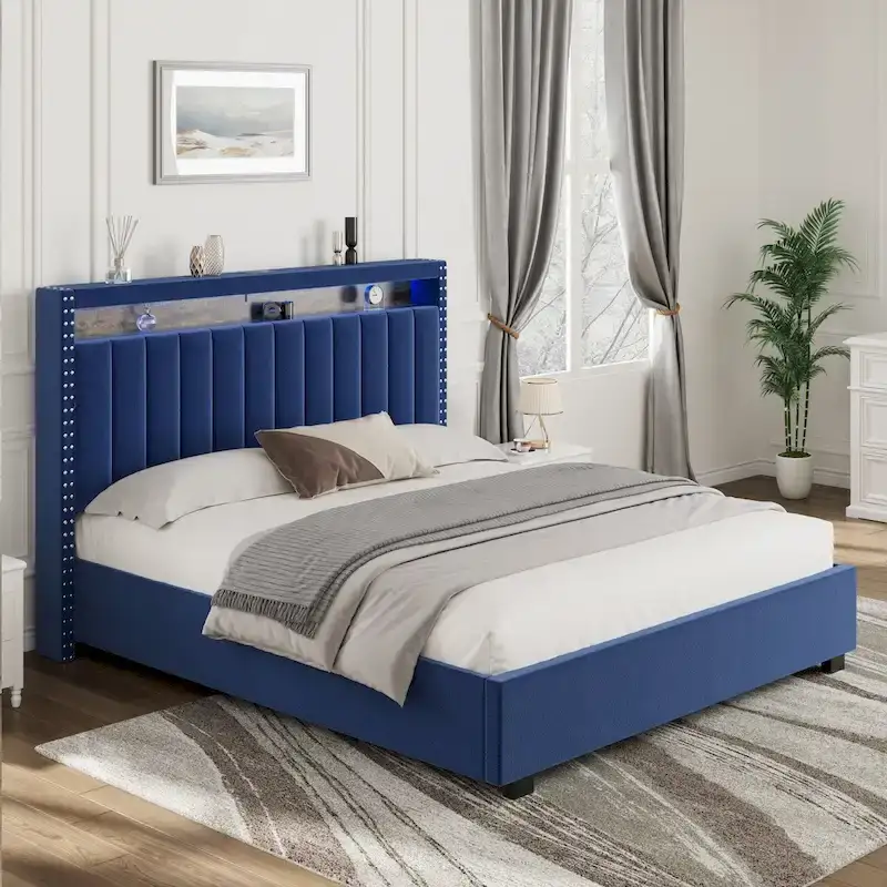 Blue / Grey Queen Size Gas Lift Storage Bed with LED Lights