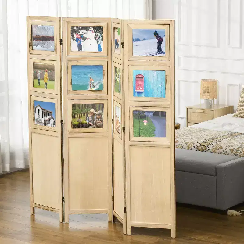 HOMCOM 5.6ft Tall Wood 4 Panel Room Divider Folding Privacy Screens w/ Photo Frames, Natural