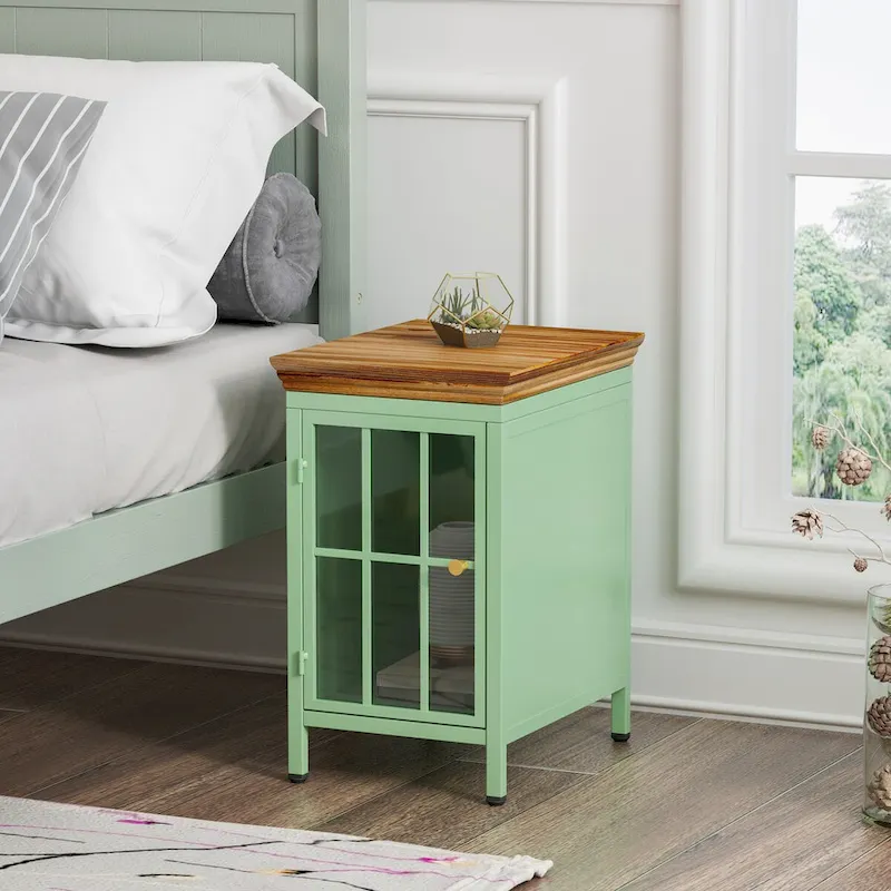 Glass Door Bedside Table with Iron Frame – Blue / Green, Solid Wood Top, Modern Style