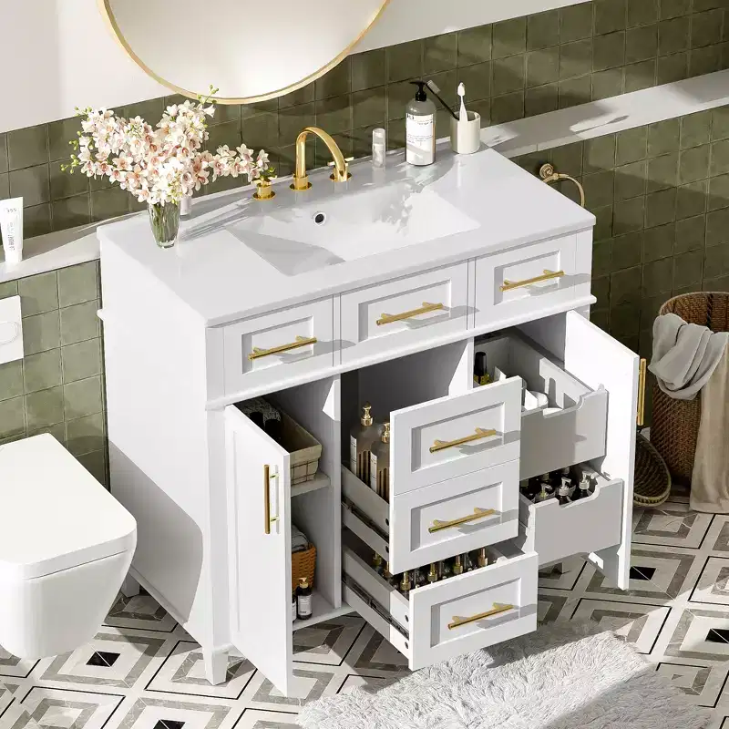 36 White Bathroom Vanity Sink Combo with Drawers, Bathroom Storage Cabinet with and Soft Close Door and Adjustable Shelf