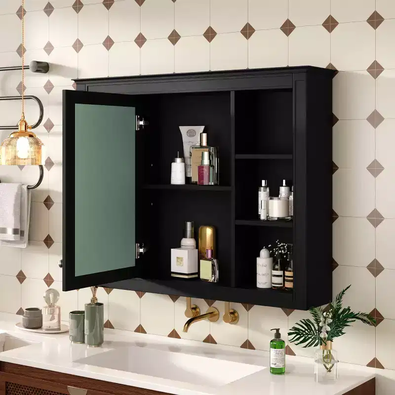 Wall Mounted Bathroom Cabinet with Mirror & 6 Open Shelves, MDF, Space-Saving
