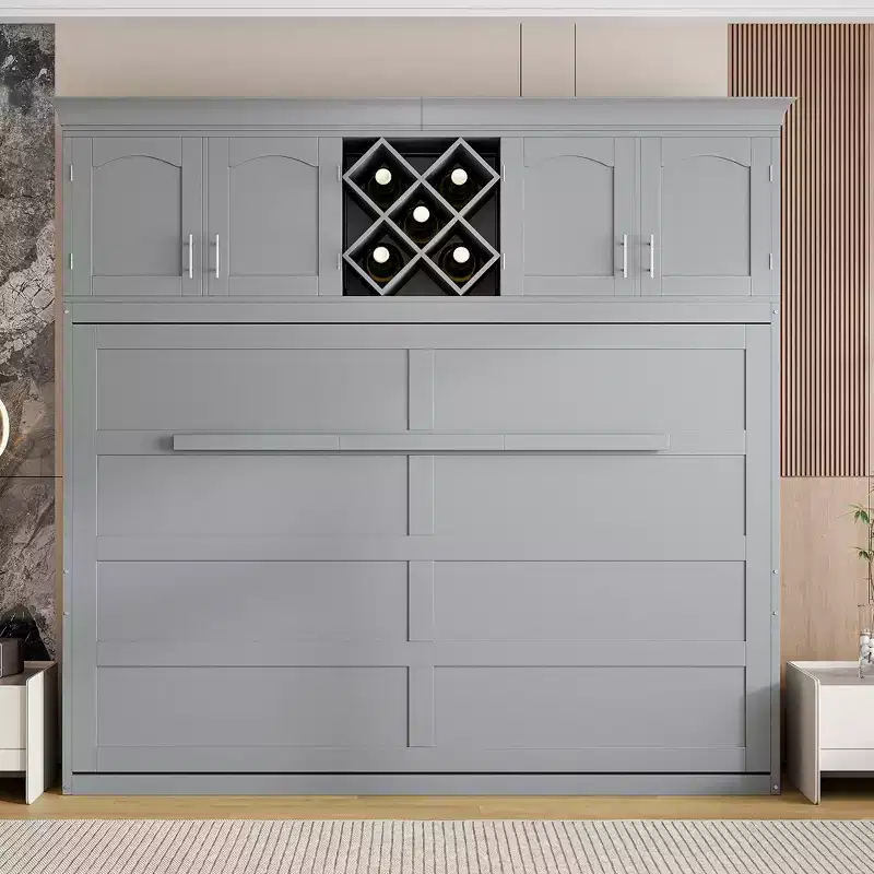 Queen Size Murphy Bed Wall Bed with Top Cabinets & Wine Rack - ModernLuxe