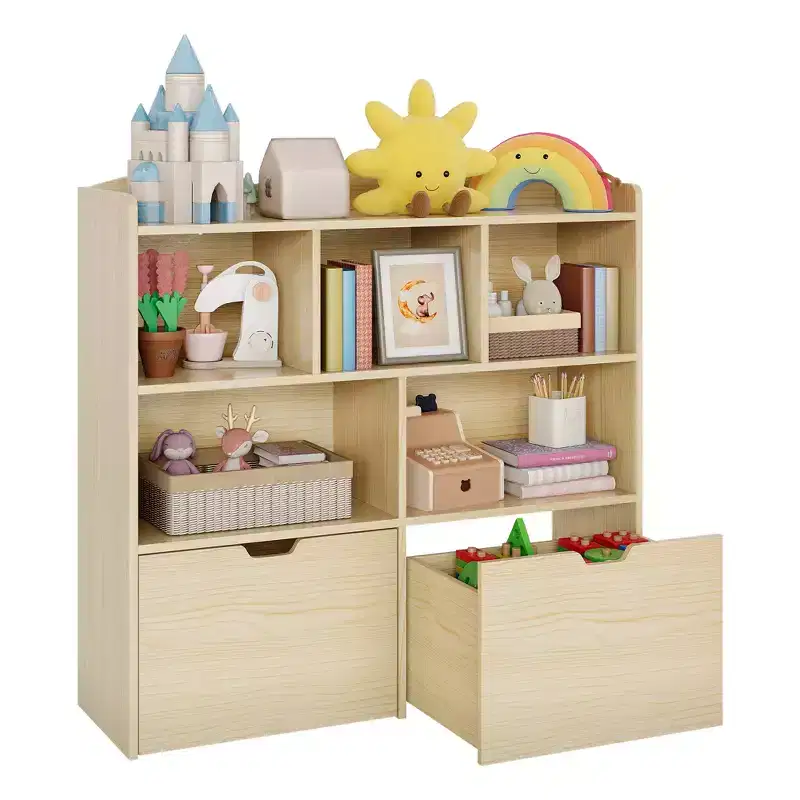 Storage Organizer with Movable Drawers, Kids Bookshelf with Hidden Wheels and 5 Open Cubbies, Multifunctional Storage Cabinet Chest for Playroom