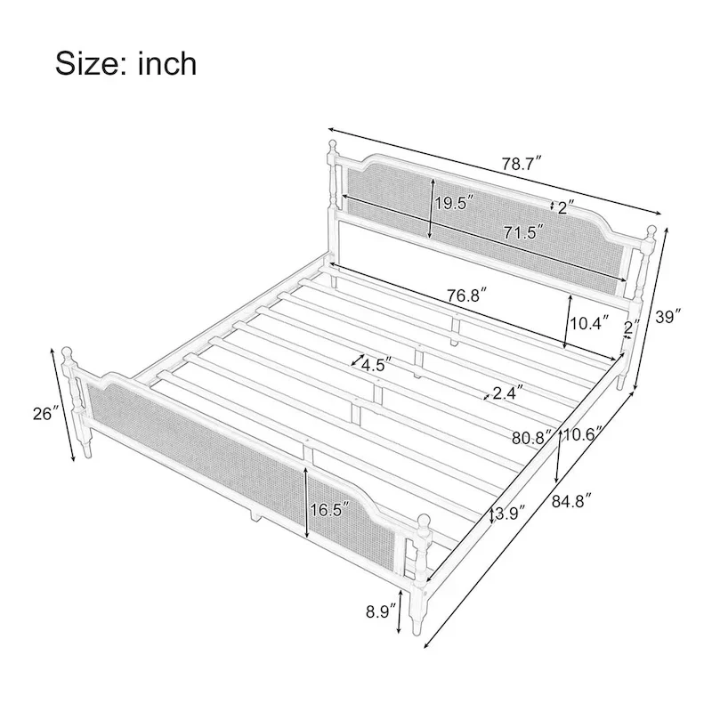 Traditional Style Rattan Bed Frame, No Box Spring Needed