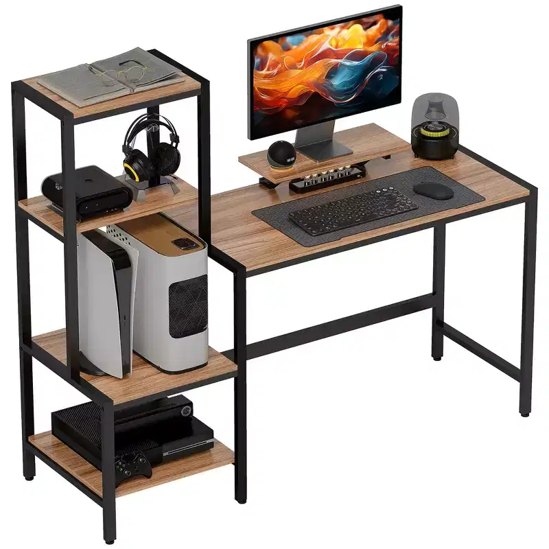 HOMCOM Computer Desk with Monitor Stand, 4-Tier Reversible Home Office Desk with Printer Shelf or CPU Stand, Industrial Writing Desk, Brown
