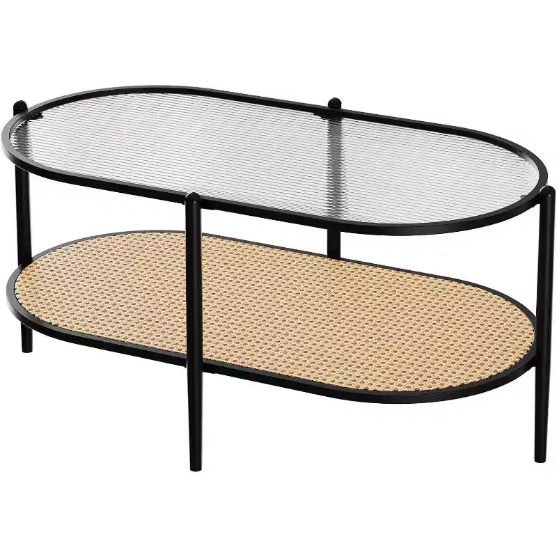 Oval Glass Coffee Table, Water-Wave Tempered Glass, Rattan Storage Shelf, Boho Farmhouse Metal Frame