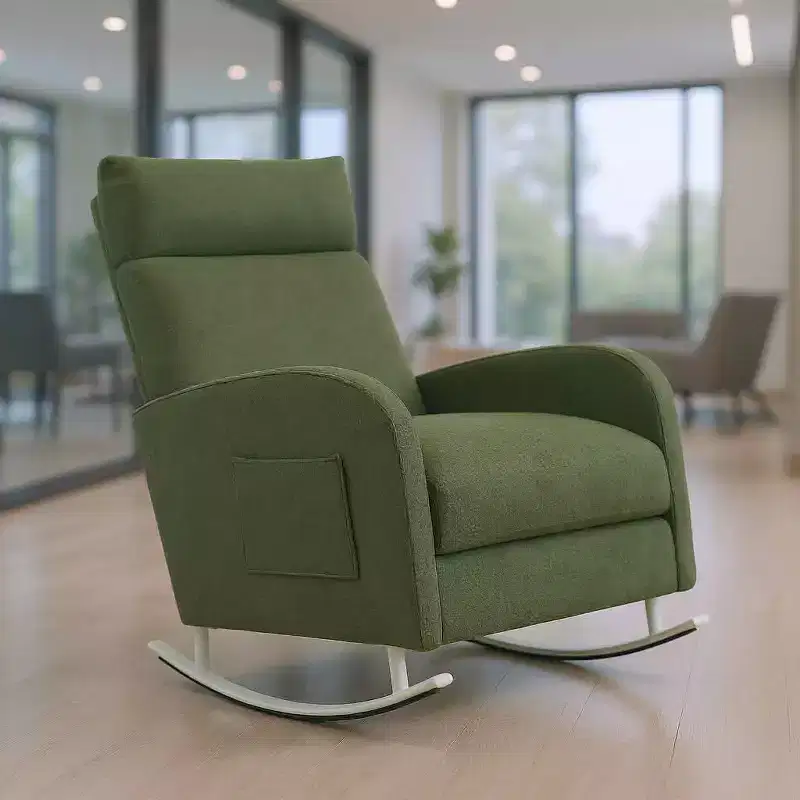 Modern Chenille Rocking Chair with Metal Legs and Side Storage Pocket
