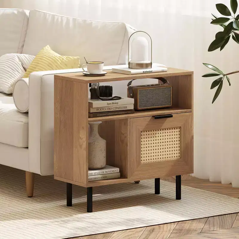 Boho Rattan Nightstand Wooden End Table with Storage Shelf Cabinet & Metal Legs