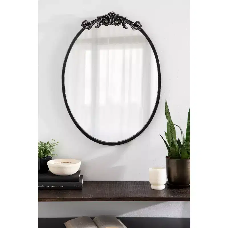 Glam Ornate Decorative Oval Wall Mirror, Metal Frame
