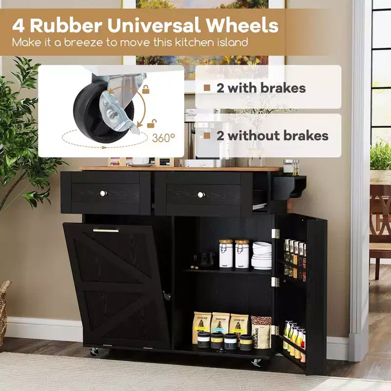 Costway Rolling Kitchen Island Kitchen Island Cart with Drop Leaf Trash Can Cabinet Black/White