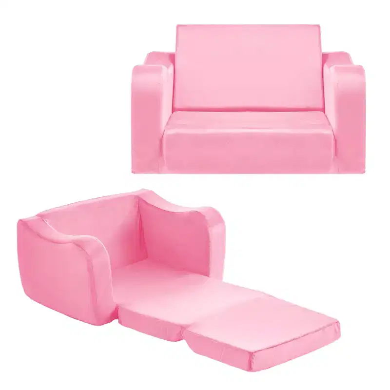 2-in-1 Kids Sofa, Foldable Toddler Soft Couch with Armrests, Convertible Toddler Chair to Lounger, M, Pink
