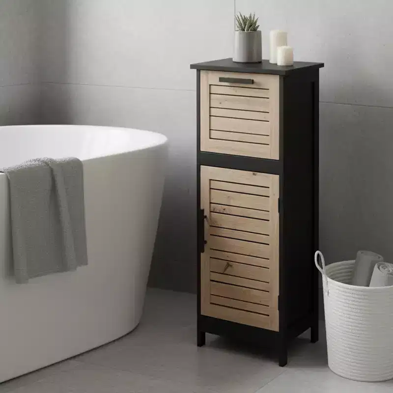 Compact Bathroom Storage Cabinet with Drawer and Vented Door, Black and Brown