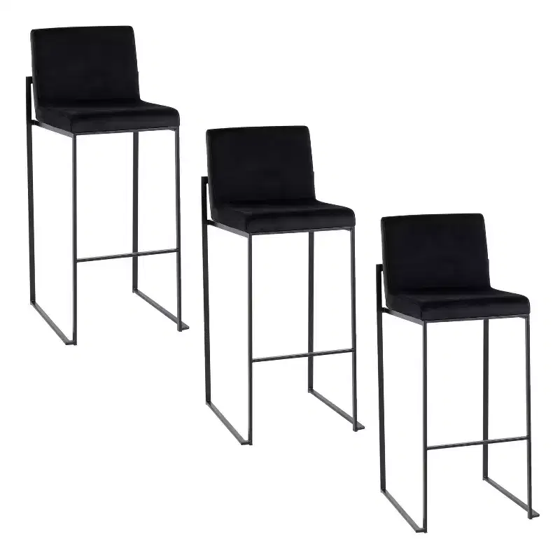 LumiSource Set of 3 Fuji High Back Barstools Black Steel/Black Velvet