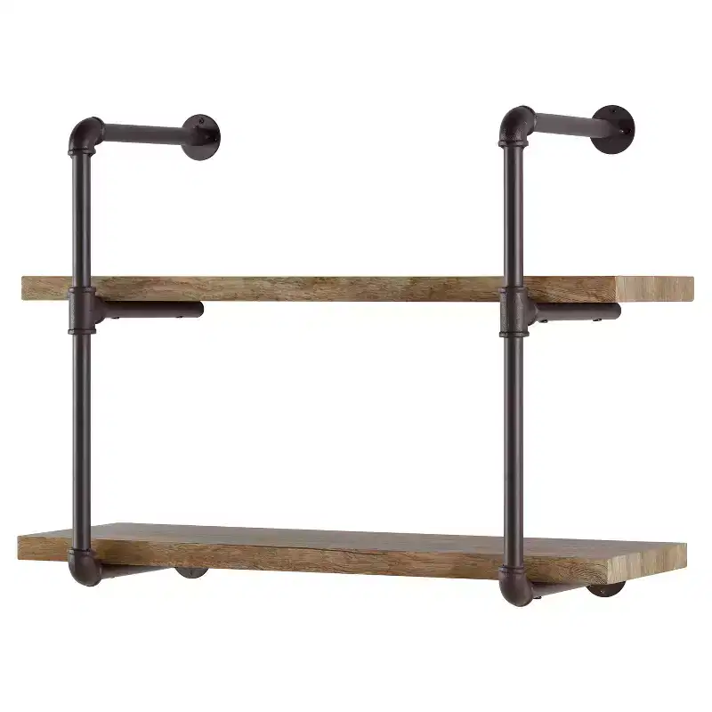 31.5" x 24" Two Tier Industrial Pipe Wall Shelf Brown - Danya B.: Rustic Open Bracket, Laminated Metal