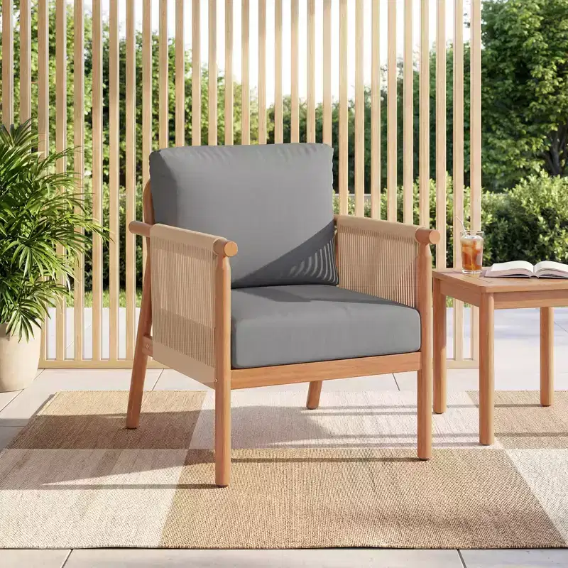 Costway Patio Acacia Wood Chair with Woven Rope Armrests & Seat Back Cushions for Backyard Natural + Gray/White