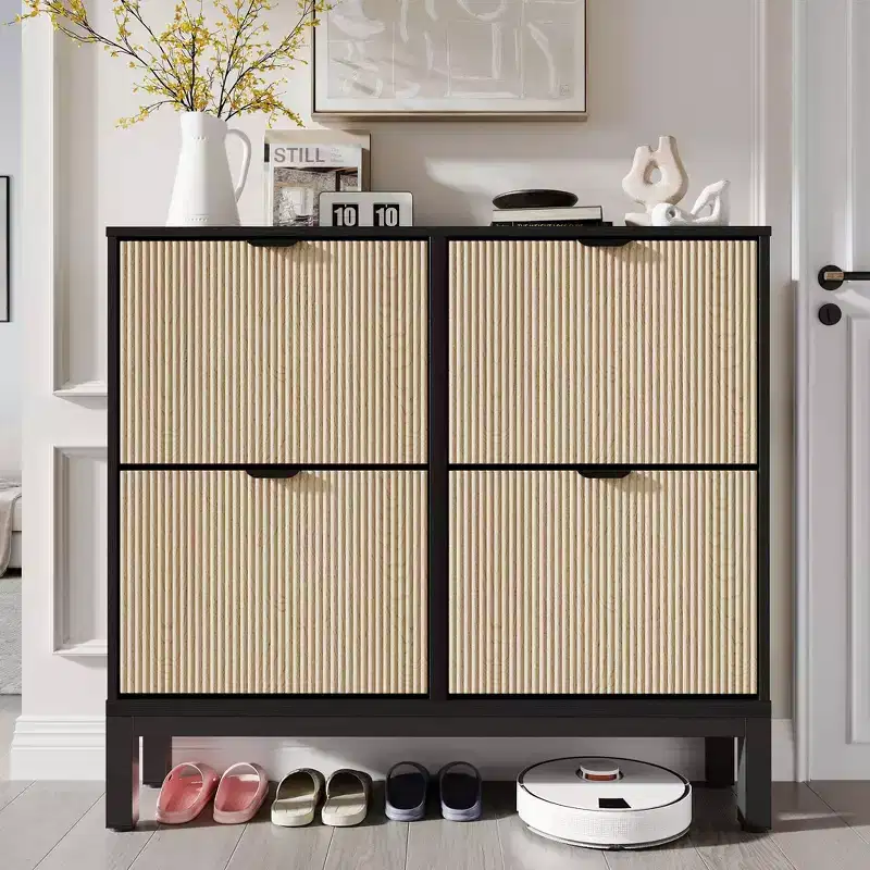 4-Drawer Shoe Cabinet, Narrow Freestanding Entryway Organizer with Metal Legs, White & Oak