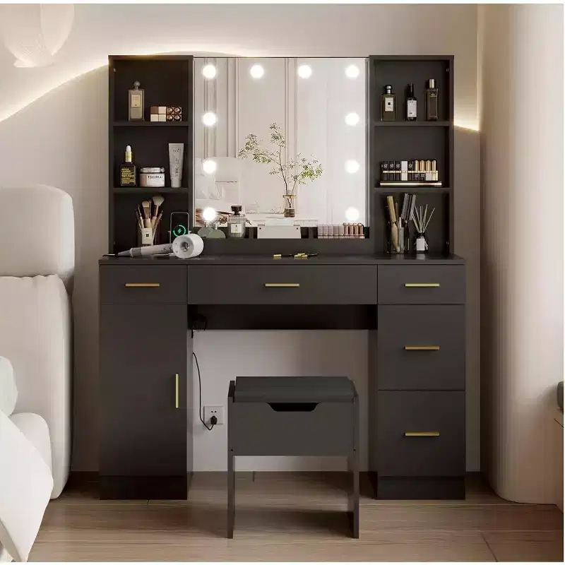 Vanity Desk with LED Mirror, 5 Sliding Drawers & 6 Open Shelves, 3 Color Lighting Modes with Adjustable Brightness, Dressing Table for Bedroom