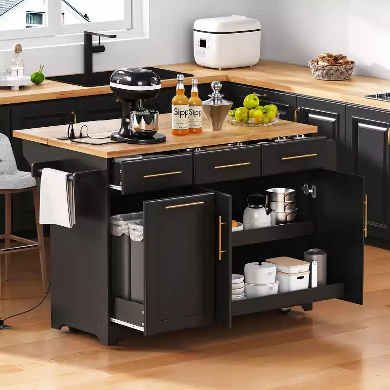 Whisen 59.3 Kitchen Island, 2 Pull-Out Organizers, Drop Leaf, Trash Storage & Spice Racks