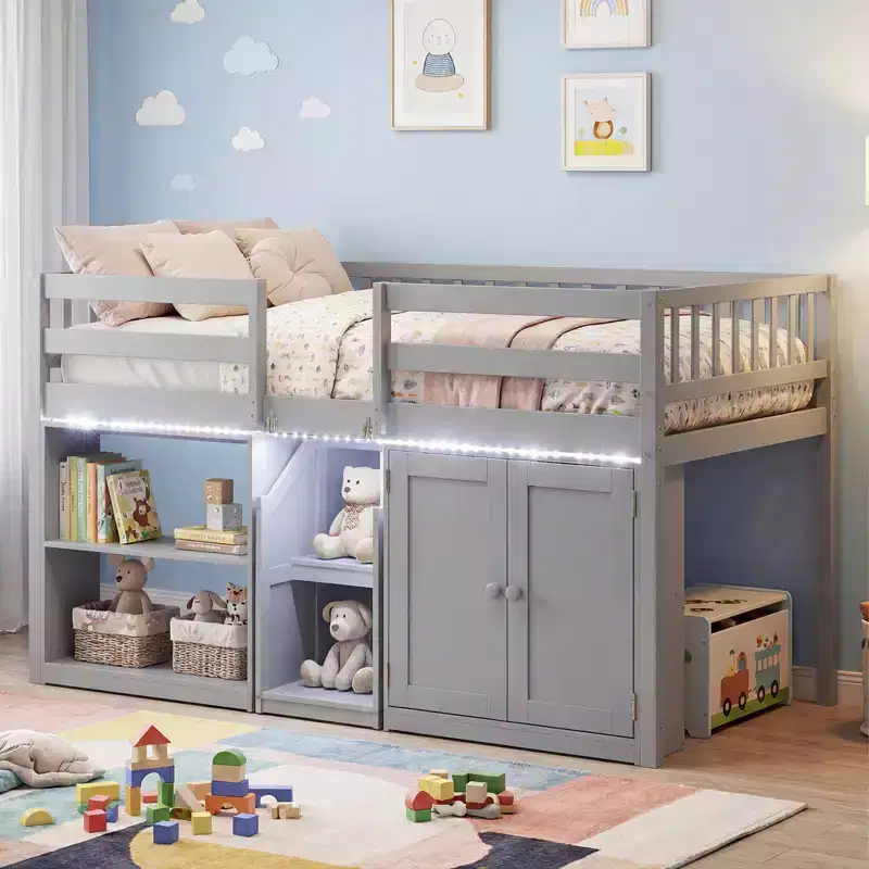 Costway Low Loft Bed with LED Light, Stairs & Guardrails, Modern Wood Kids Twin Bed White/Mint Green/Gray