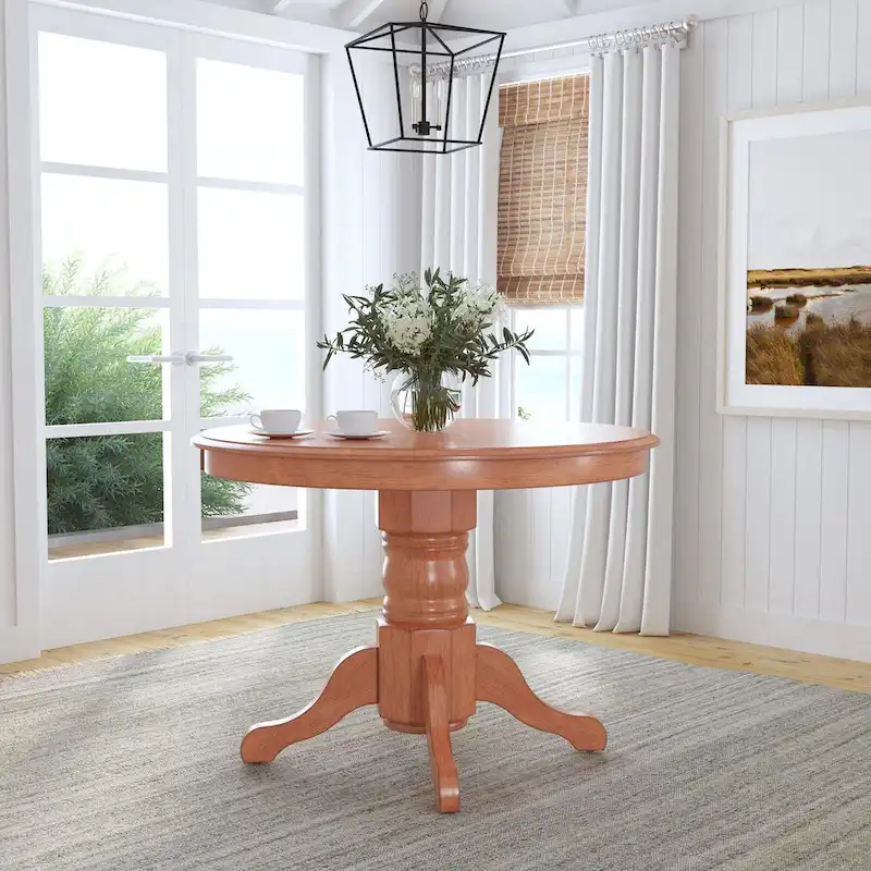 Round Pedestal Dining Table – Brown Oak Finish, Traditional Style, Seats 4, Single-Person Assembly
