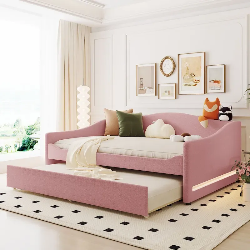 Full Teddy Fleece Daybed with Trundle and LED Lights
