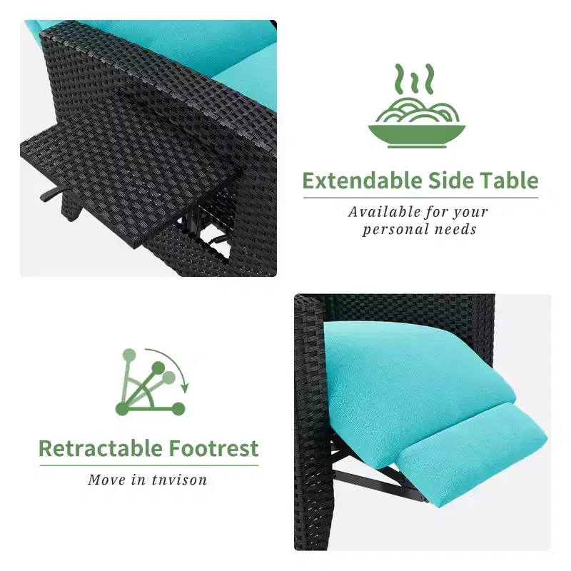 Wicker Recliner Chair with Adjustable Back & Footrest,150 Lay Flat Rattan Reclining Patio Chair with Extendable Side Table & Air Pump