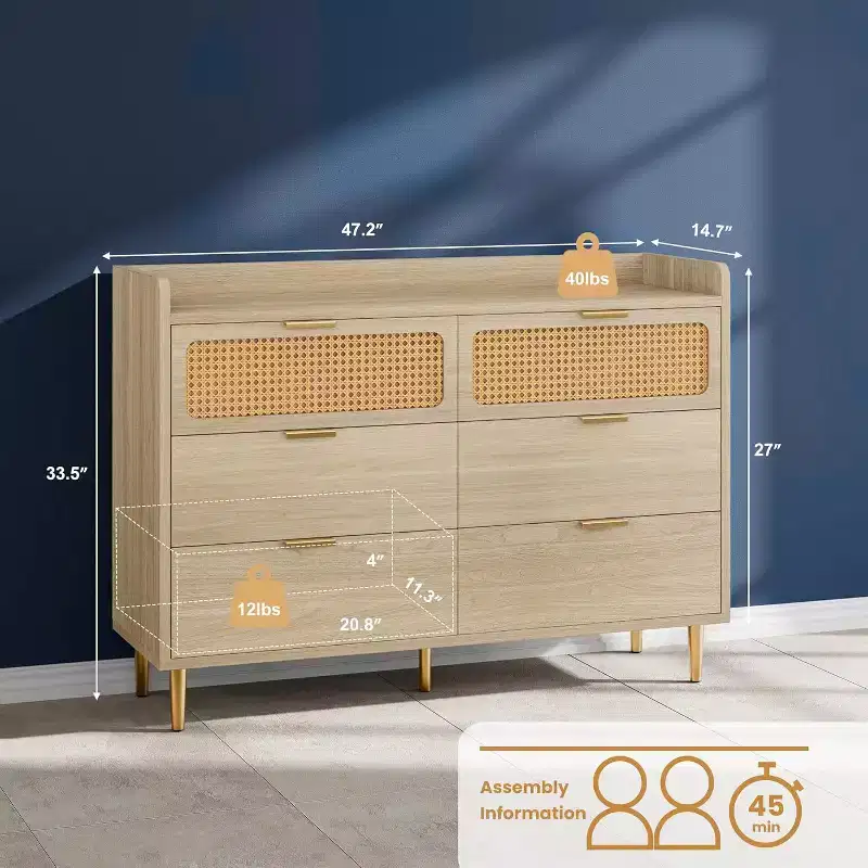 6-Drawer Dresser, Brown / Dark Walnut, Mid-Century Rattan Style