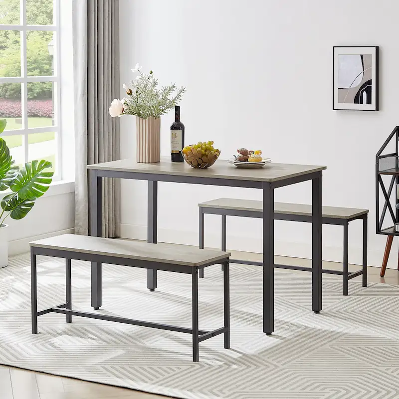 Industrial Rectangle Dining Table Set with 2 Benches Breakfast Nook Dining Table Set Kitchen Dining Table Set Metal Legs