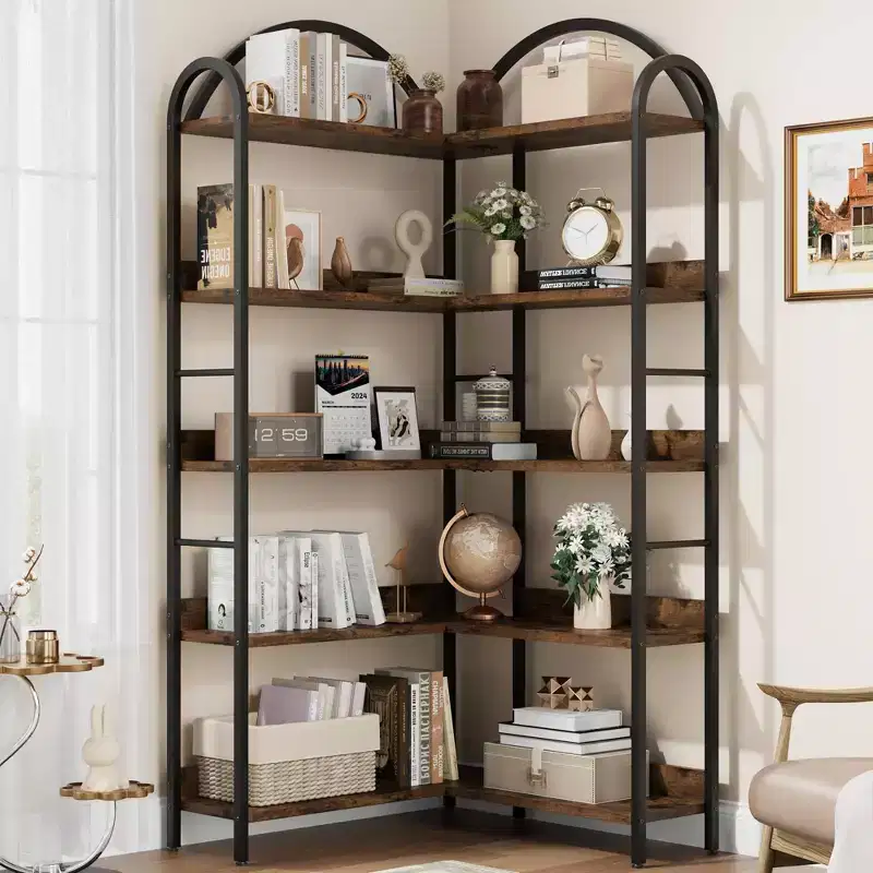 Industrial Corner Bookcase, 5-Tier L-Shaped Shelf with Metal Frame, Large Bookcase for Living Room and Bedroom