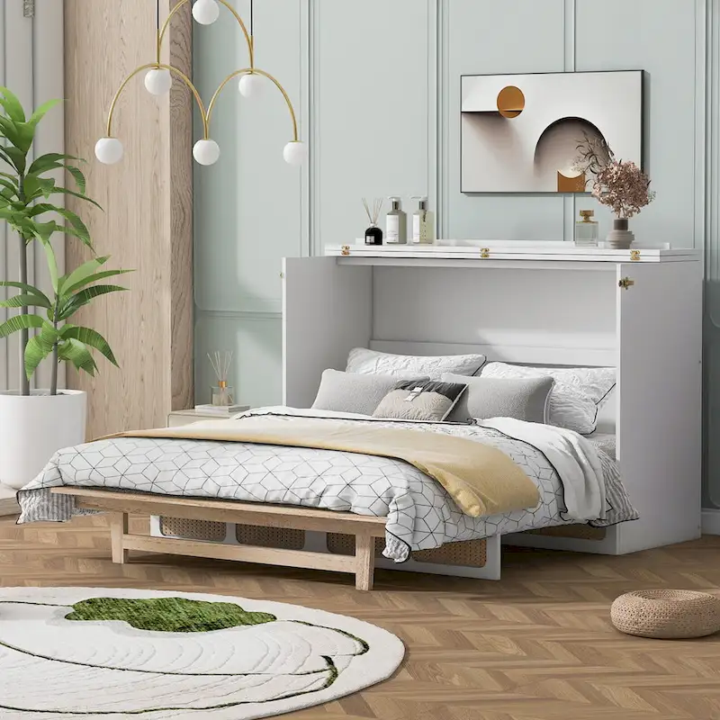 Rattan Design Murphy Bed with Storage Drawers, USB Ports and Outlets