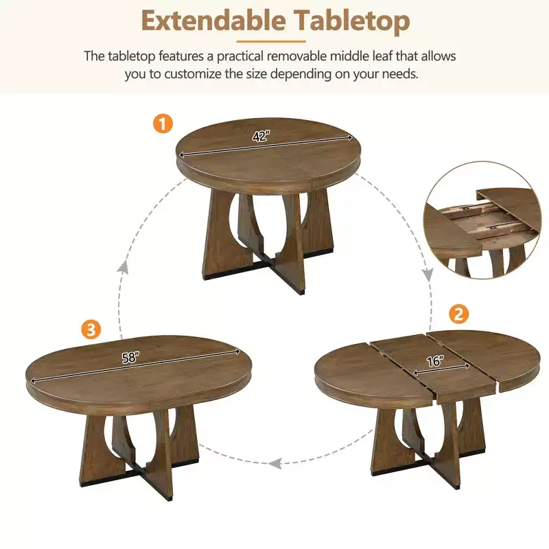 Whisen 5-Piece Retro Rustic Functional Dining Set with 1 Extendable Table and 4 Upholstered Chairs